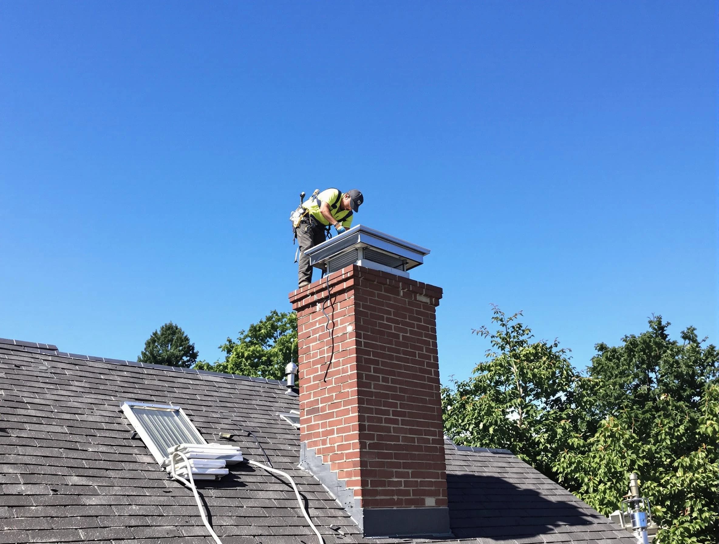 Odenville Chimney Sweep technician measuring a chimney cap in Odenville, AL